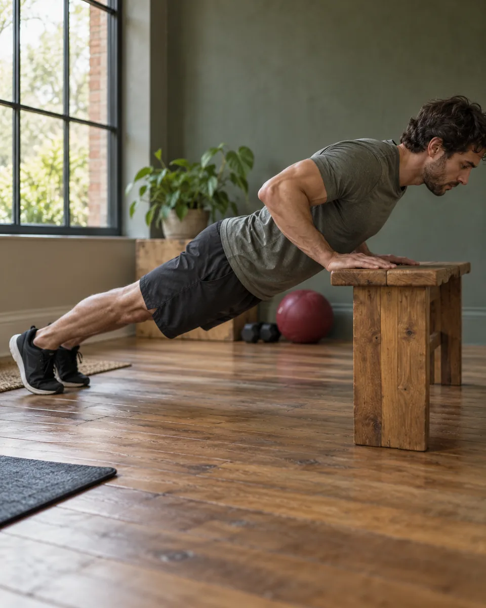 An adult doing a controlled push-up on a bench beside a window