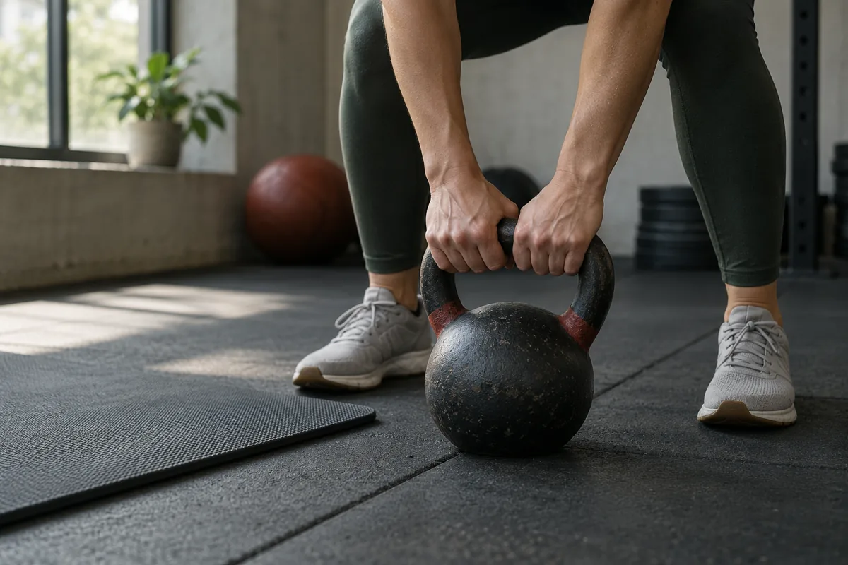 Hands gripping a kettlebell handle on a rubber floor