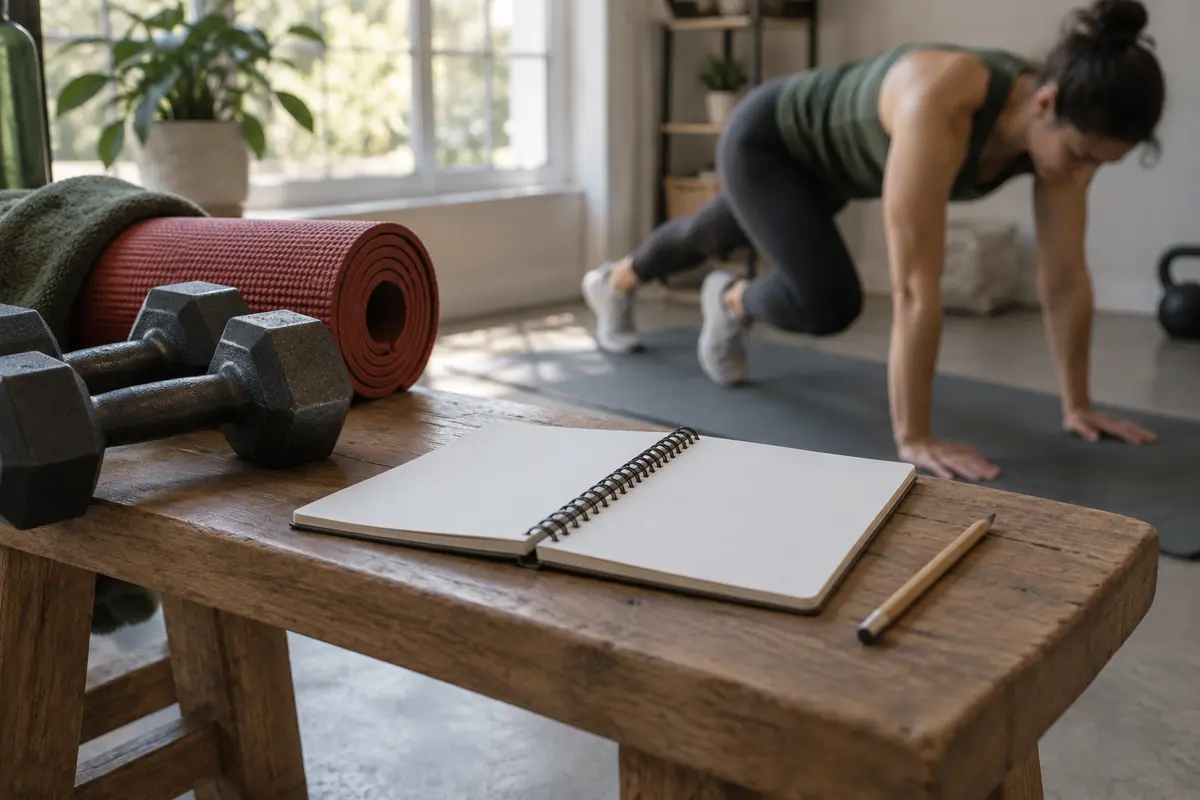 An open blank notebook and a pencil on a wooden bench beside dumbbells and a rolled mat