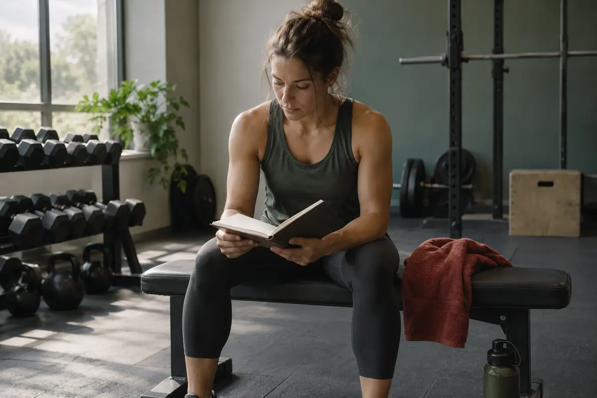 An adult sitting on a bench after a session, looking at a notebook